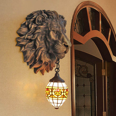 Traditional Tiffany Creative Resin Lion's Head 1-Light Wall Sconce Lamp For Dining Room