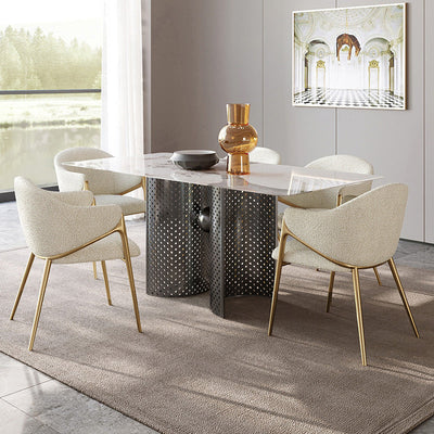 Silla de comedor contemporánea de lujo redonda de lana de cordero con patas de acero inoxidable, respaldo y reposabrazos para comedor 