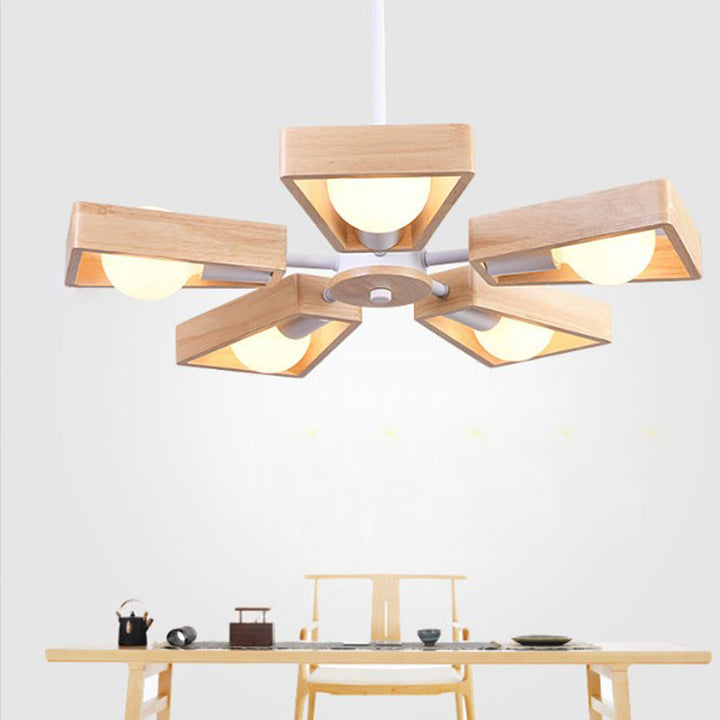 Zeitgenössische skandinavische Windmühle Eisen Holz 3/5/6/8 Licht Kronleuchter für Wohnzimmer 