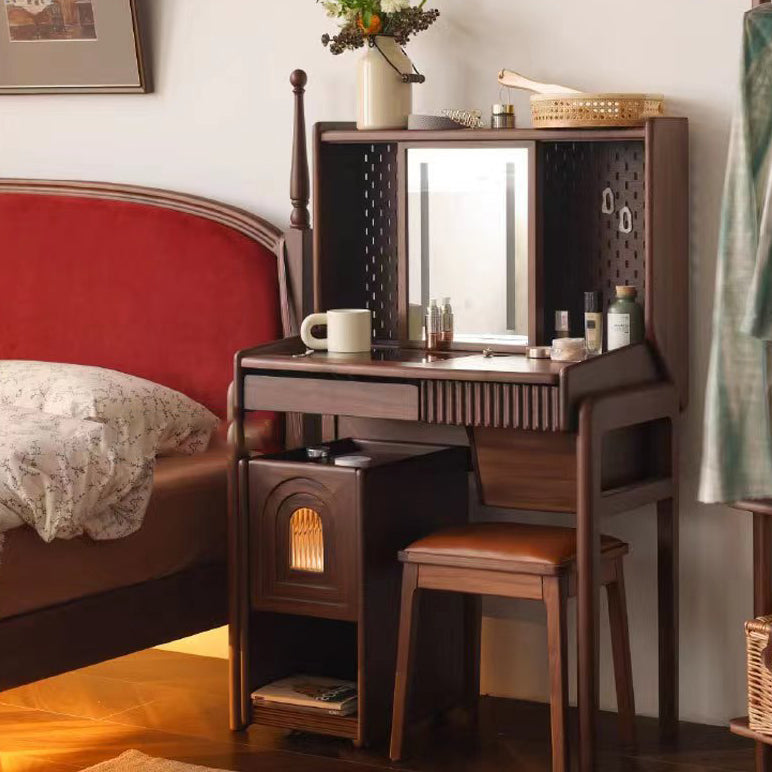 Table de nuit contemporaine rétro rectangulaire avec porte arquée en noyer et verre, 1 tiroir avec veilleuse pour chevet 