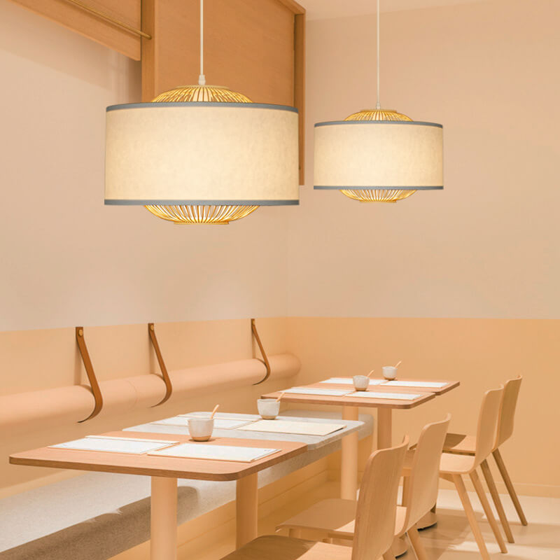 Contemporary Scandinavian Zen Bamboo Weaving Parchment Drum 1-Light Pendant Light for Living Room