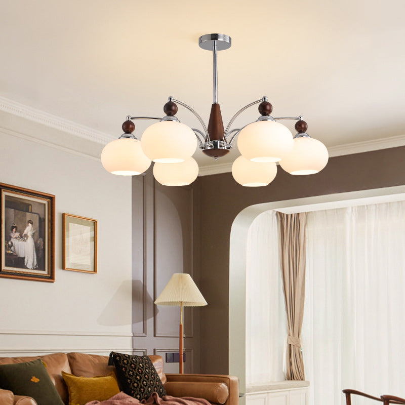 Modern Transitional Glass Round Shade Wood Branch 3/5/6/8 Light Chandelier For Living Room