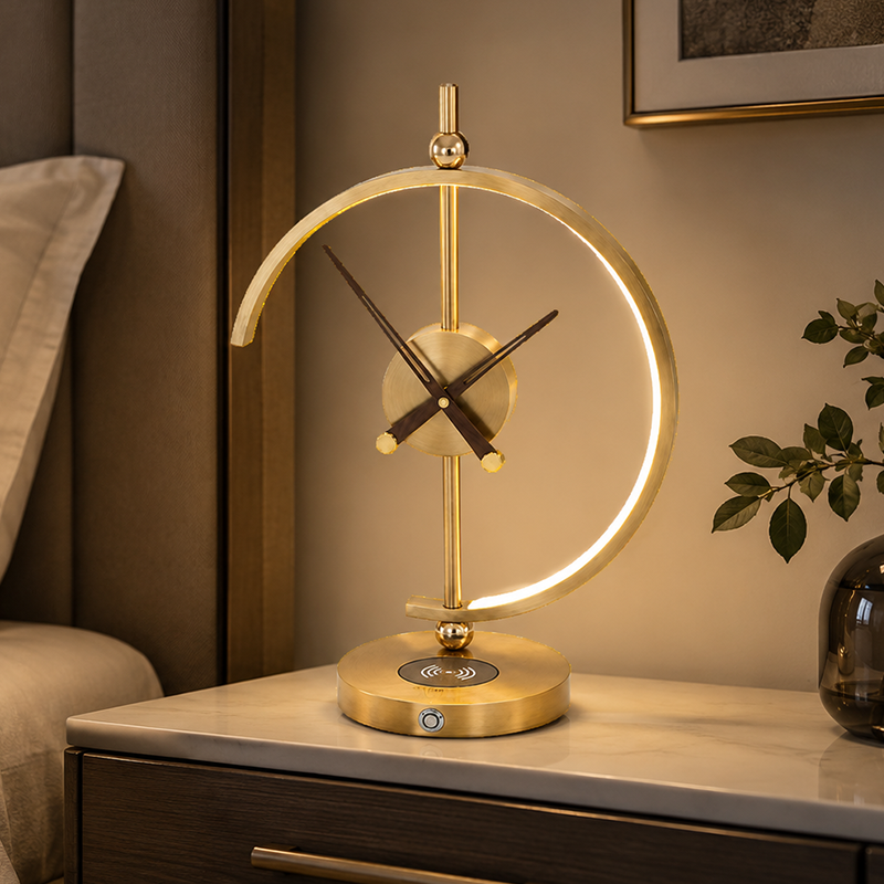 Traditional Vintage Round Clock Aluminum Plastic LED Table Lamp For Living Room