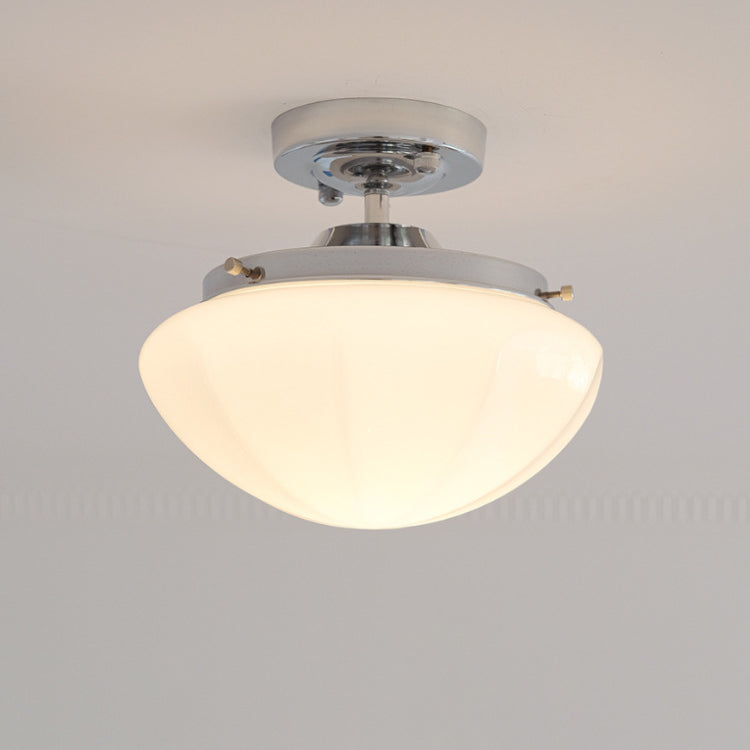Moderne skandinavische cremefarbene runde Deckenleuchte aus Eisen und Glas mit 1 Licht, halbbündige Montage für Wohnzimmer 