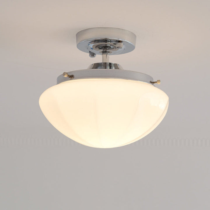 Moderne skandinavische cremefarbene runde Deckenleuchte aus Eisen und Glas mit 1 Licht, halbbündige Montage für Wohnzimmer 