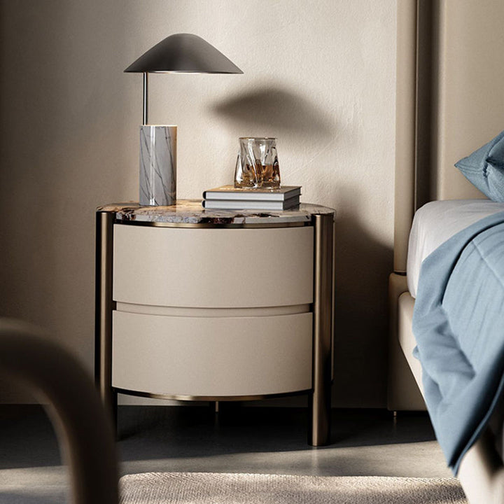 Modern Luxury Round Tabletop Marble Plywood Stainless Steel Microfiber Leather Nightstand 2-Drawer For Bedroom