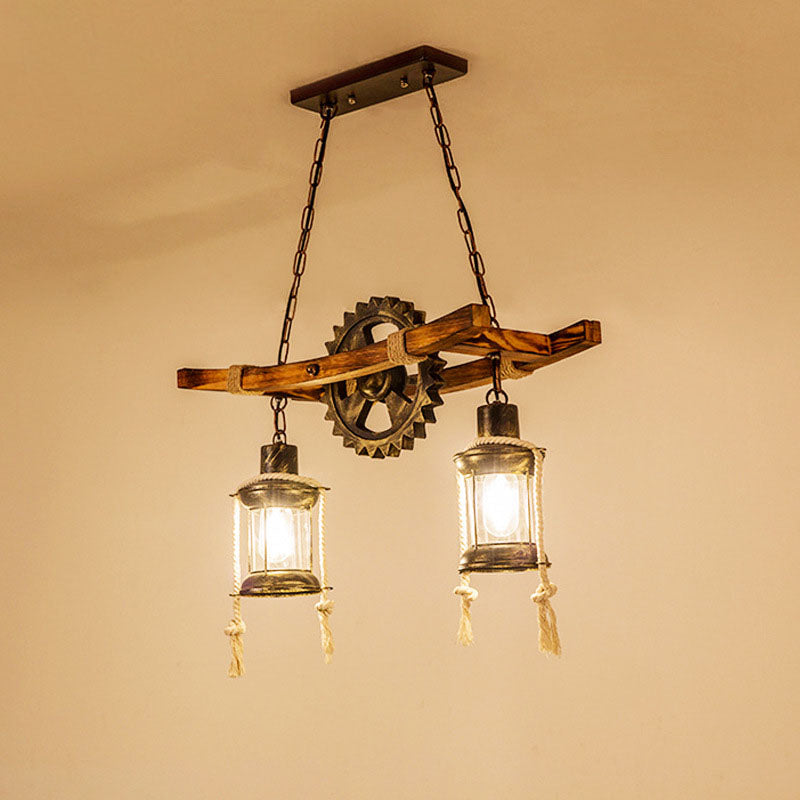 Vintage Industrielle Holz Metall 2-Licht Insel Leuchter 