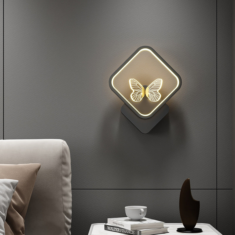 Modern Art Deco Butterfly Iron Silicone Square Round Frame Design LED Wall Sconce Lamp For Bedroom