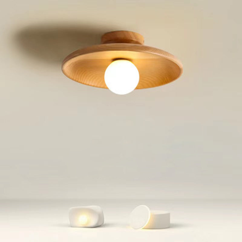 Zeitgenössische Einfachheit Runde Holz Glas 1-Licht Halb Flush Mount Deckenleuchte für Wohnzimmer