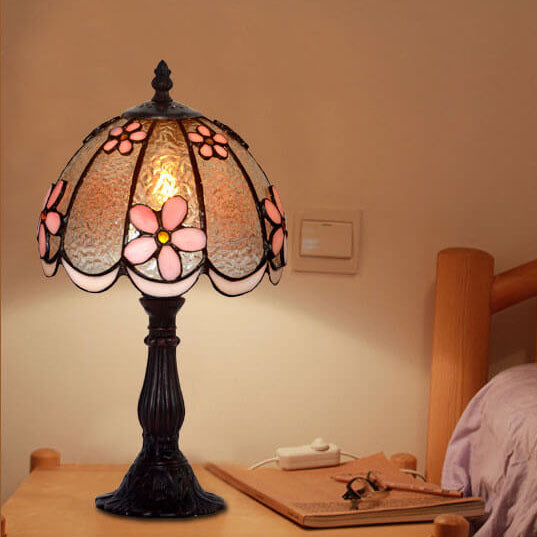 Tiffany Pflaumenblume Buntglas Kuppel Metallbasis 1-Licht Tischlampe 
