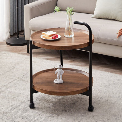 Table basse moderne minimaliste ronde en fer et bois à 2 niveaux pour le salon 