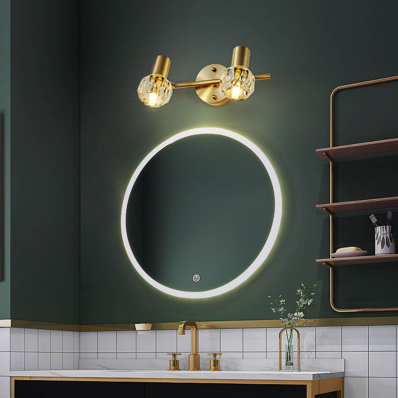 Lámpara de pared de lujo moderno cilindro diamante todo latón cristal 2/3 luces para baño 