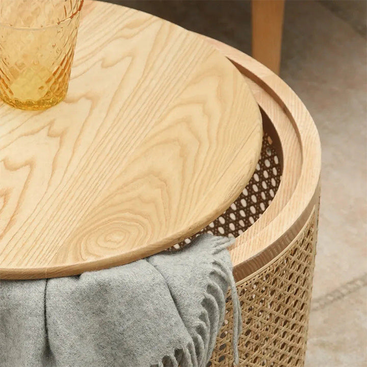 Contemporary Scandinavian Cylindrical Ash Wood Indonesian Rattan Coffee Table For Living Room