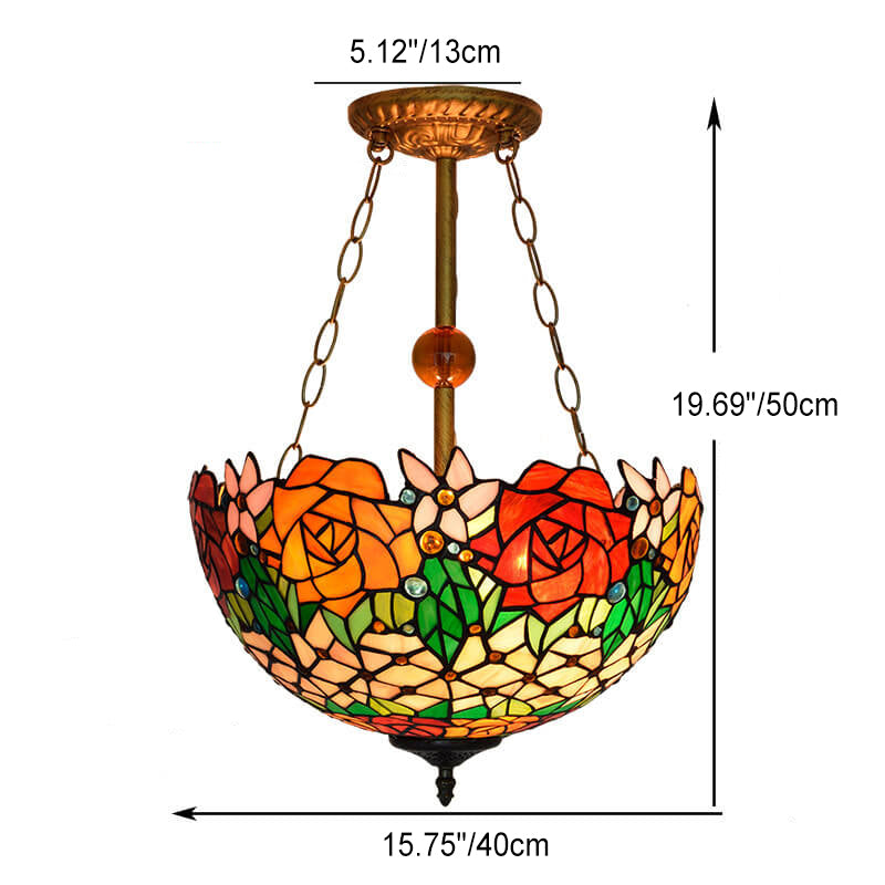 Suspension Luminaire à 3 Lumières en Verre Tiffany Creatif avec Motif de Rose 