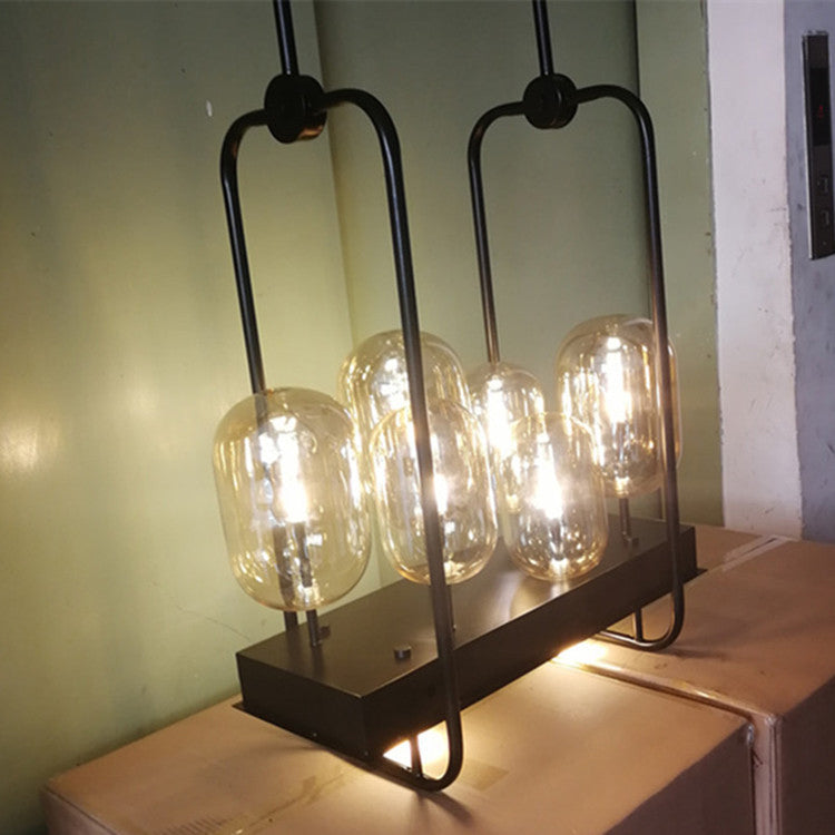 Zeitgenössischer kreativer rechteckiger Kugel-Eisen-Hardware-Glas-6-Licht-LED-Insel-Licht-Kronleuchter für Wohnzimmer 