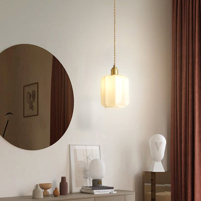 Traditional Vintage Cylindrical Brass Glass 1-Light Pendant Light For Bedroom