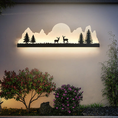 Traditional Chinese Iron Acrylic Landscape Painting Outside LED Wall Sconce Lamp For Garden