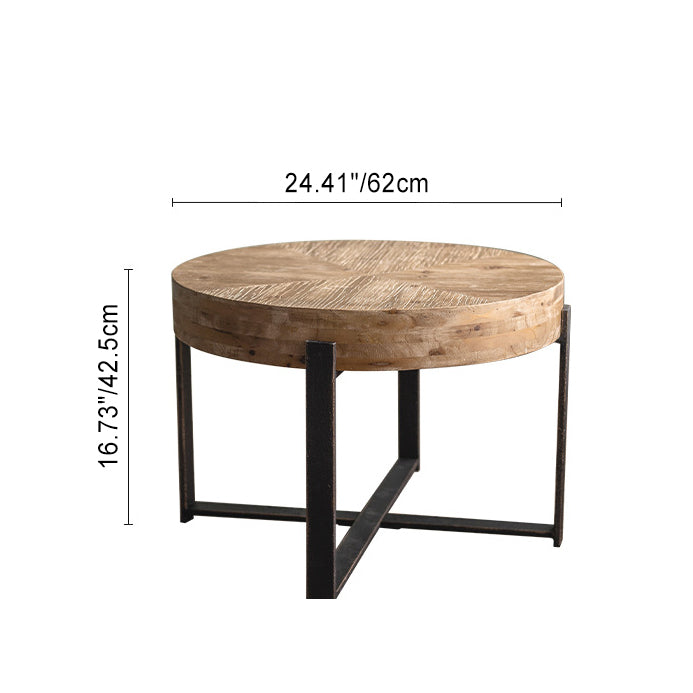 Traditioneller runder Vintage-Couchtisch aus MDF-Holz mit Used-Look und Eisen-Kreuzbeinen für das Wohnzimmer 