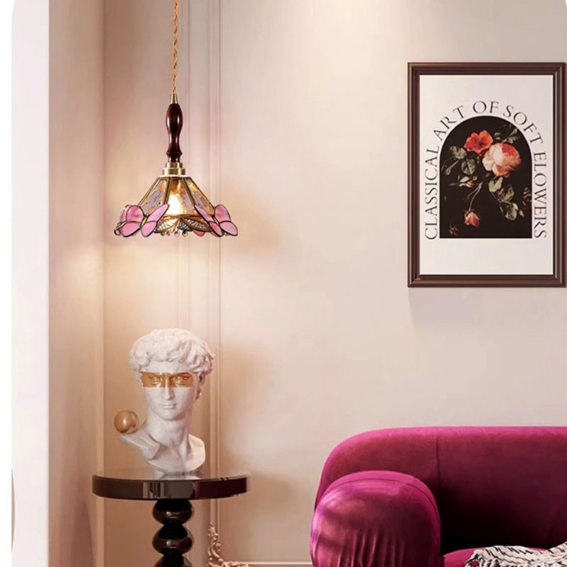 Lustre Suspendu Conique à 1 Lumière en Verre Papillon Japonais Traditionnel pour Salon 