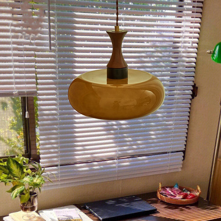 Zeitgenössische Retro Holz Eisen Glas Trommel Runde 1-Licht Pendelleuchte Für Esszimmer 