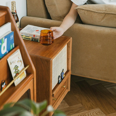 Table de chevet contemporaine rétro carrée en bois massif à 2 tiroirs pour chambre 