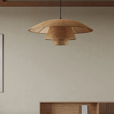 Traditioneller japanischer dreifacher runder Rattan-Kronleuchter mit 1 Licht für Wohnzimmer 