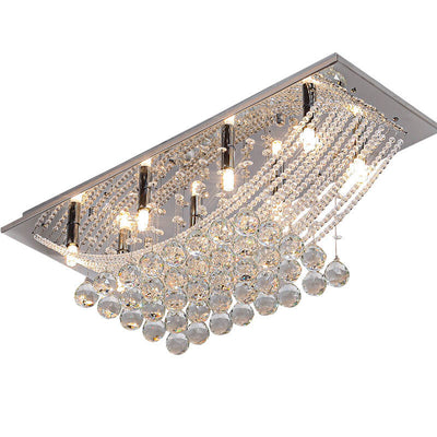 European Luxury Crystal Bead Curtain Rectangular Stainless Steel 8-Light Flush Mount Ceiling Light