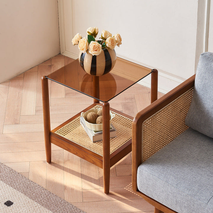 Traditioneller japanischer Webquadrat-Aschenholz-Glas-Beistelltisch, 2-stufig, für das Wohnzimmer 