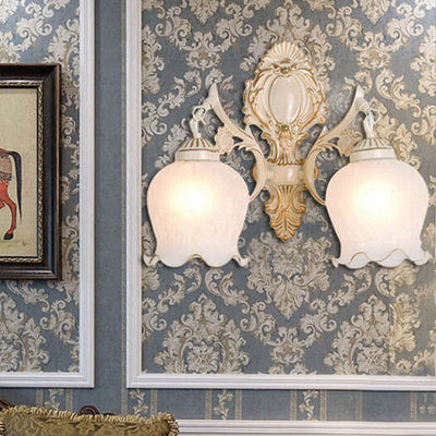 Aplique de pared de lujo ligero europeo de cobre completo con pantalla de flores 1/2 luces 