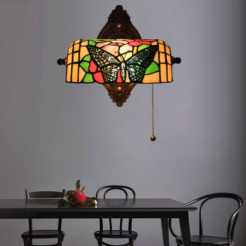 Traditional Tiffany Butterfly Half Cylinder Zinc Stained Glass 1-Light Wall Sconce Lamp For Living Room