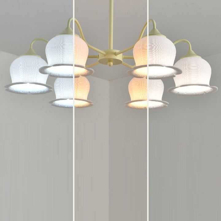 Moderner Art-Deco-Kronleuchter mit Eisenrahmen und PLA-Glocken-Orchideen-Blumenschirm, 3/5/6 Lichter, für Wohnzimmer 