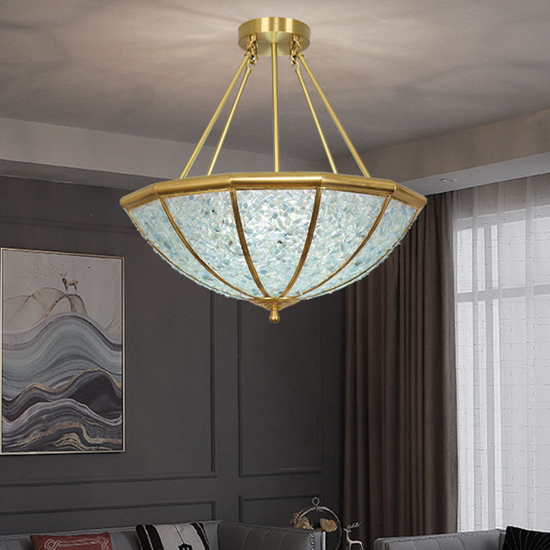 Lujoso Moderno Araña de 5 Luces con Marco de Cobre y Pantalla Redonda de Cristal para Sala de Estar 
