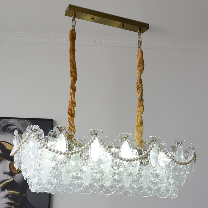 Traditioneller rechteckiger französischer Inselleuchter aus Eisen und Glas mit Perlendekor, 8-flammig, für das Wohnzimmer 