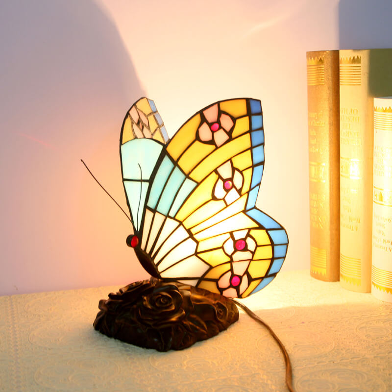 Tiffany Vintage Butterfly Shape Stained Glass 1-Light Table Lamp