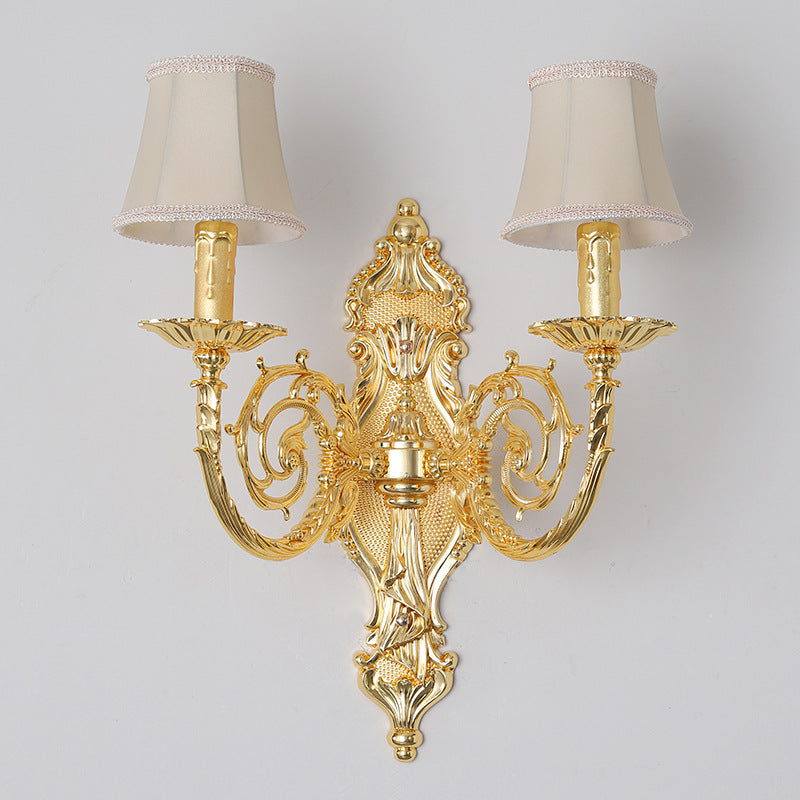 European Modern Luxury Candelabra Carved Zinc Alloy Fabric 2-Light Wall Sconce Lamp