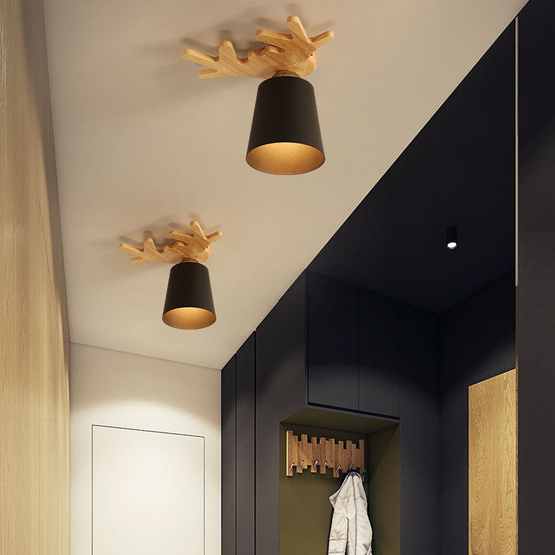 Modern Minimalist Antler Solid Wood Iron 1-Light Flush Mount Ceiling Light For Hallway