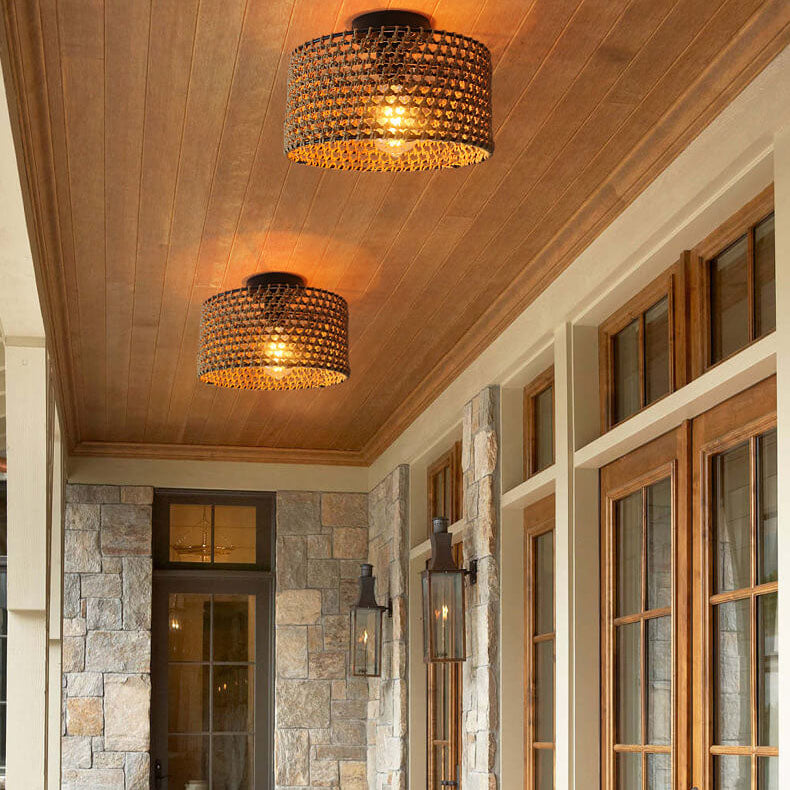 Japanische Wabi-Sabi Hanfseil Weben Zylinder 1-Licht Semi-Flush Mount Deckenleuchte 