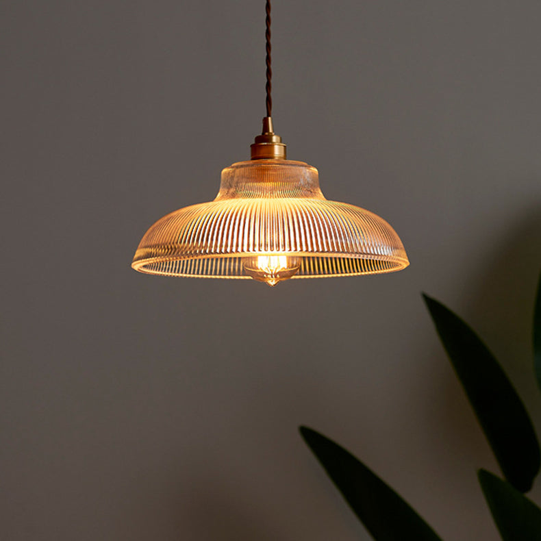 Traditionelle Vintage gerippte Glasscheibe Schirm Messing 1-flammige Pendelleuchte für Wohnzimmer 