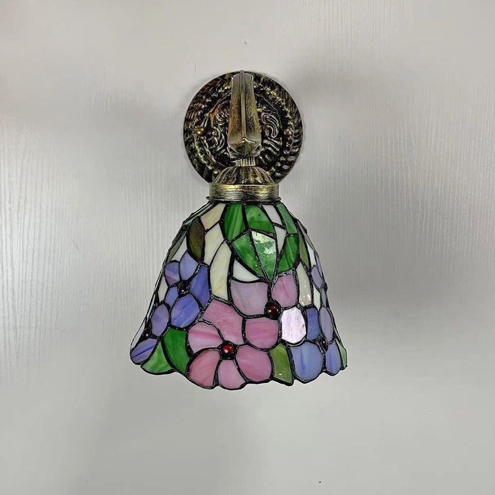 Applique murale en alliage de zinc avec verre teinté Tiffany Flower Cup traditionnelle 1 lumière pour chambre à coucher 