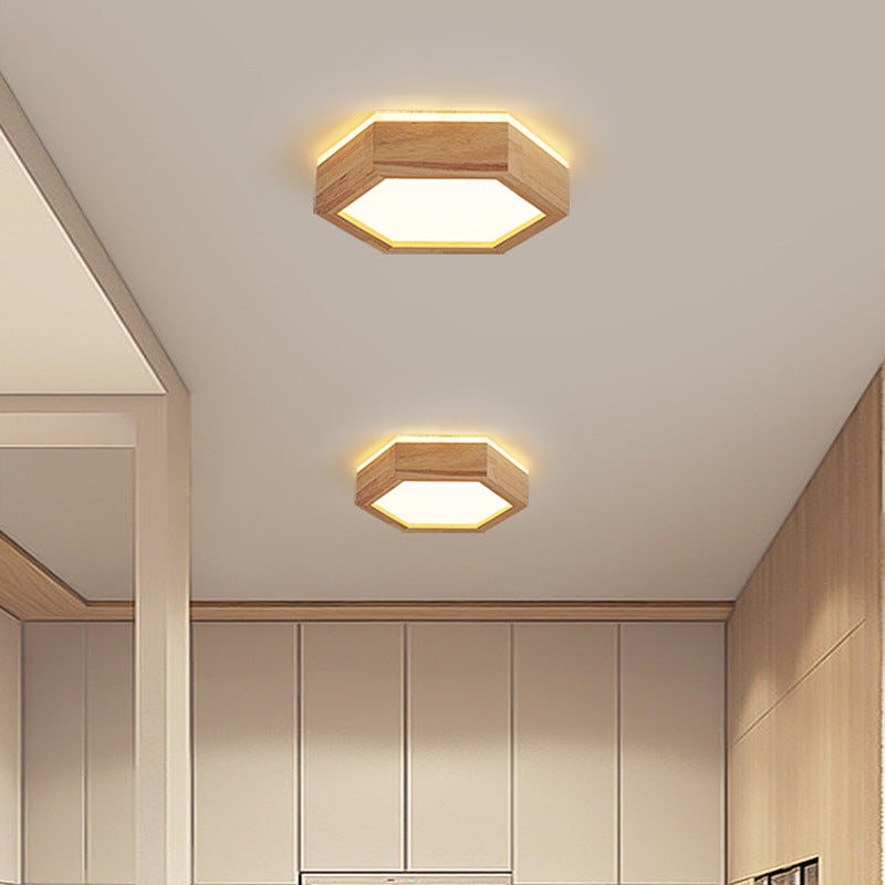 Plafonnier à montage affleurant LED en acrylique et bois hexagonal traditionnel japonais pour salon 