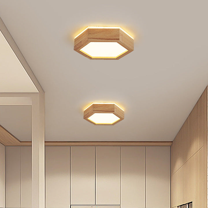 Plafonnier à montage affleurant LED en acrylique et bois hexagonal traditionnel japonais pour salon 
