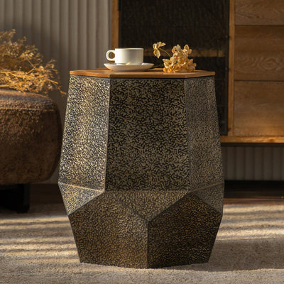Mesa de café geométrica de hierro y madera de pino con diseño retro contemporáneo de 1 estante para sala de estar 