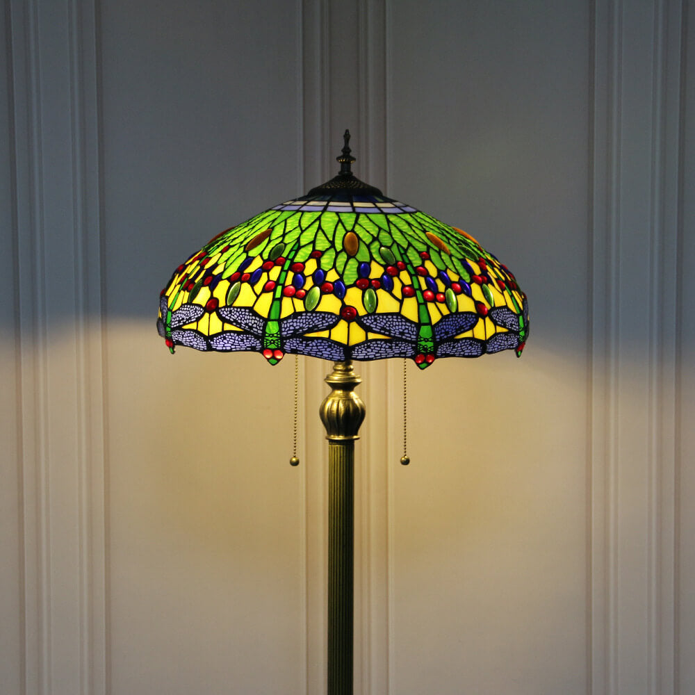 Lámpara de pie de 2 luces con cúpula de resina de vidrio teñido de libélula vintage de Tiffany 