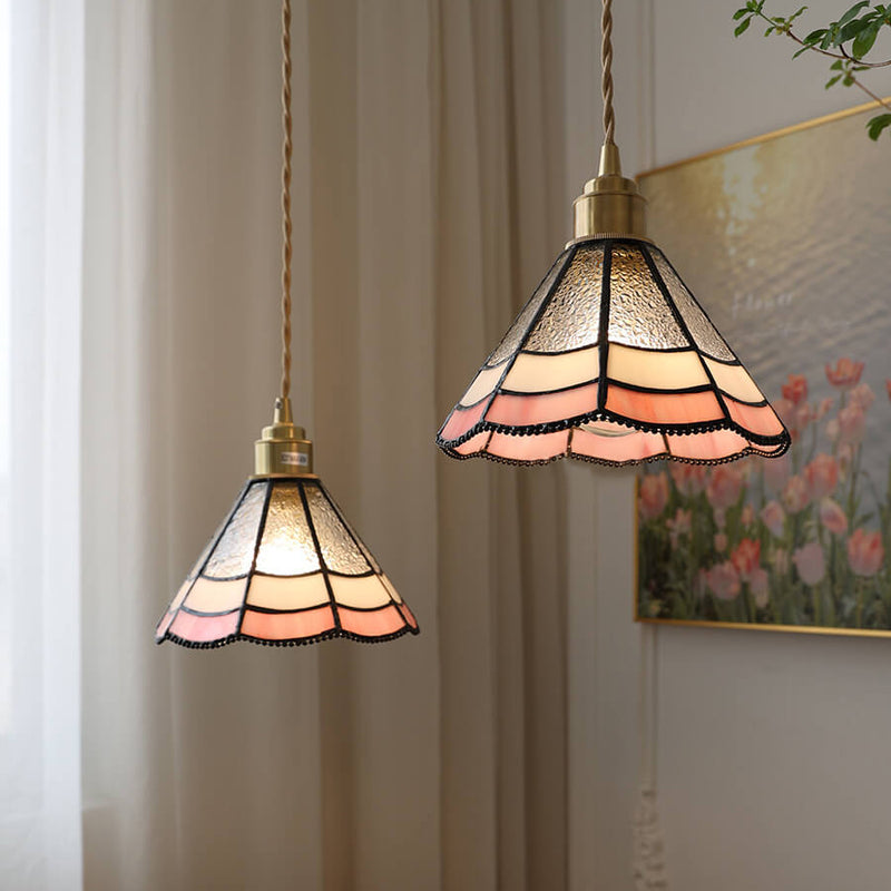 Nostalgic Pastoral Brass Pink Lace Water-Grain Glass 1-Light Pendant Light