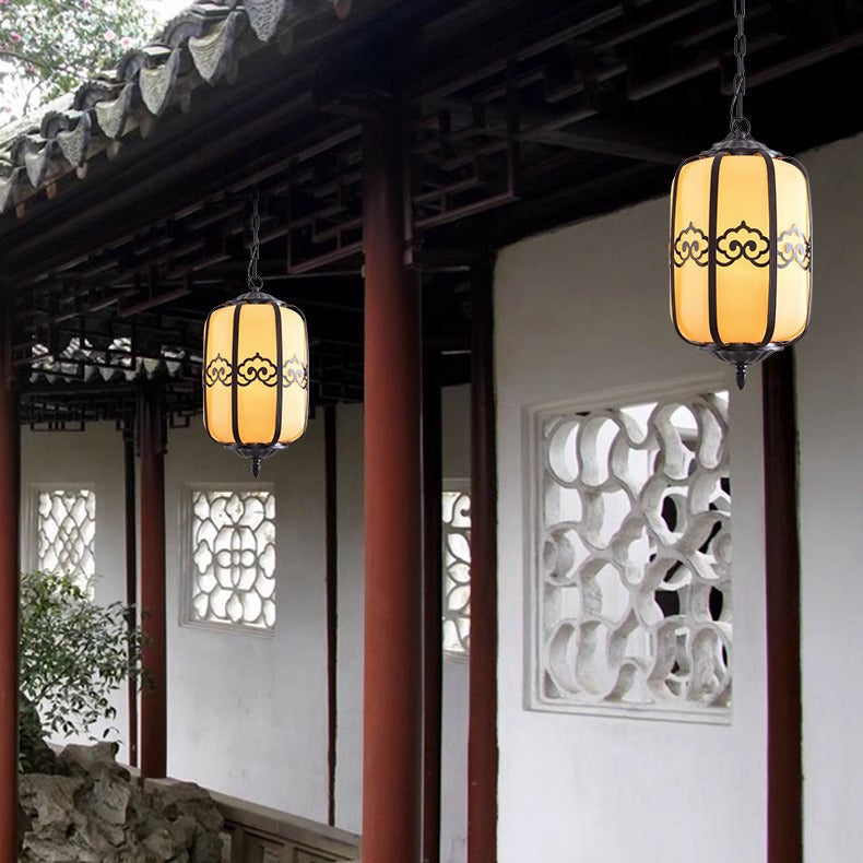 Pantalla de Linterna de Mármol de Imitación Chino Tradicional de Aluminio 1-Luz Impermeable Lámpara Colgante para Patio Exterior 