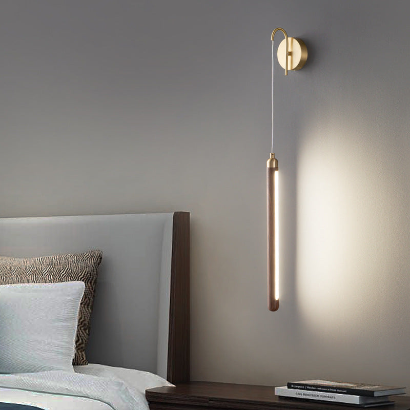 Lámpara de Aplique de Pared LED de Madera Lineal Minimalista Moderna de Cobre y Acrílico para Dormitorio 