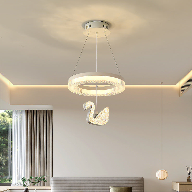 Zeitgenössischer Luxus-Kreis-Ring-Schatten-ABS-Schwan-Dekor-LED-Kronleuchter für Wohnzimmer 