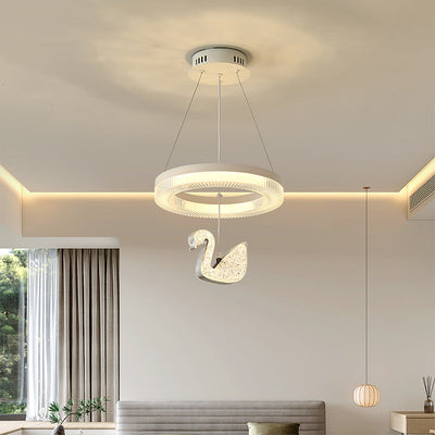 Zeitgenössischer Luxus-Kreis-Ring-Schatten-ABS-Schwan-Dekor-LED-Kronleuchter für Wohnzimmer 