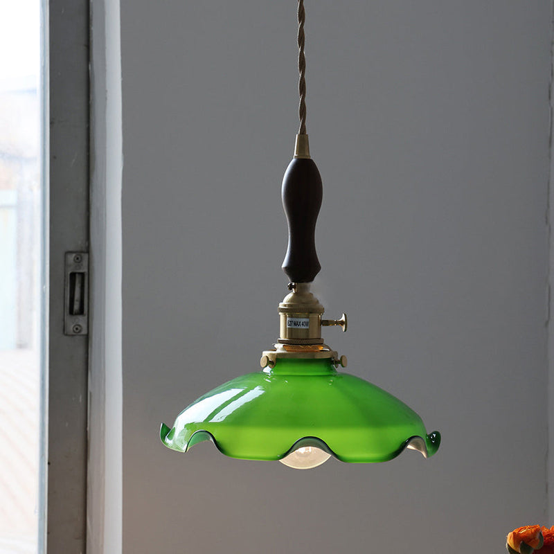 Traditionelle chinesische Blumenrolle Messing Glas 1-Licht Pendelleuchte für Wohnzimmer 