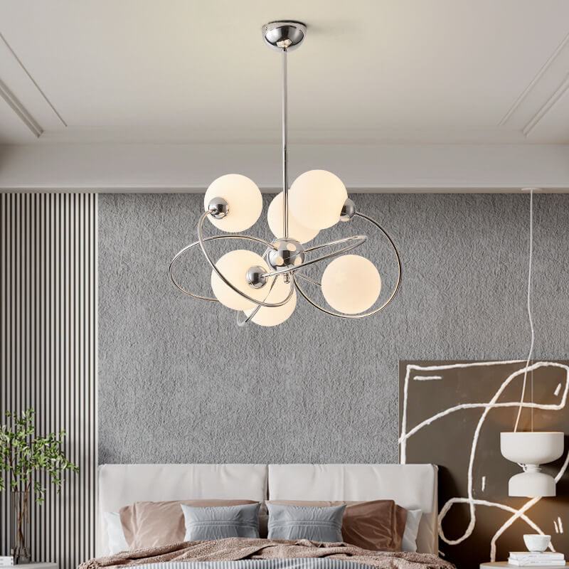 Moderner Mid-Century Kronleuchter mit milchweißem Glasball und Chromring, 6-Licht für Wohnzimmer 